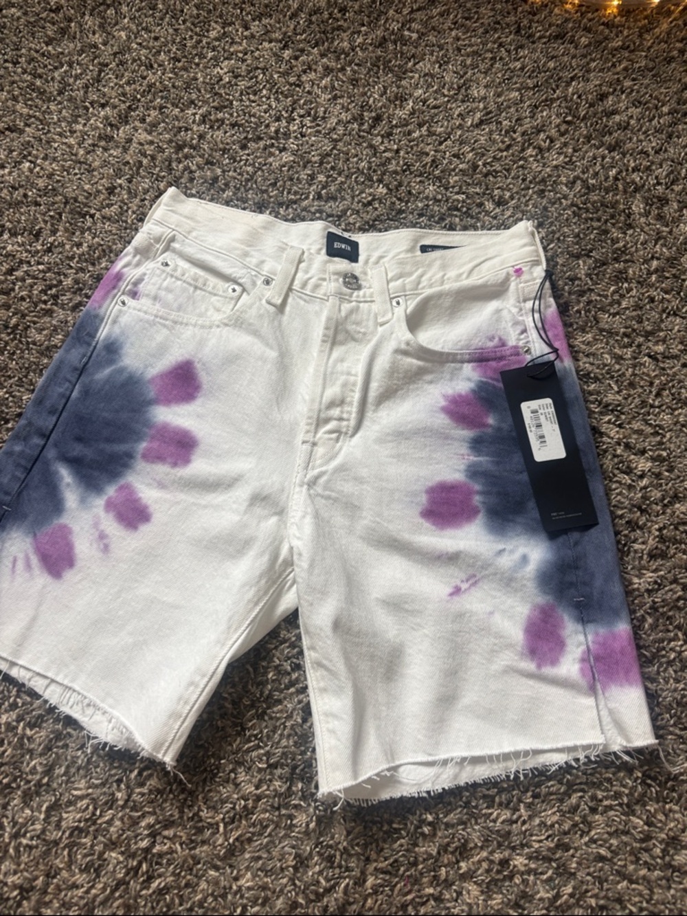 Edwin size 26 White Denim Tie-Dye Shorts with Purple and Blue Accents
